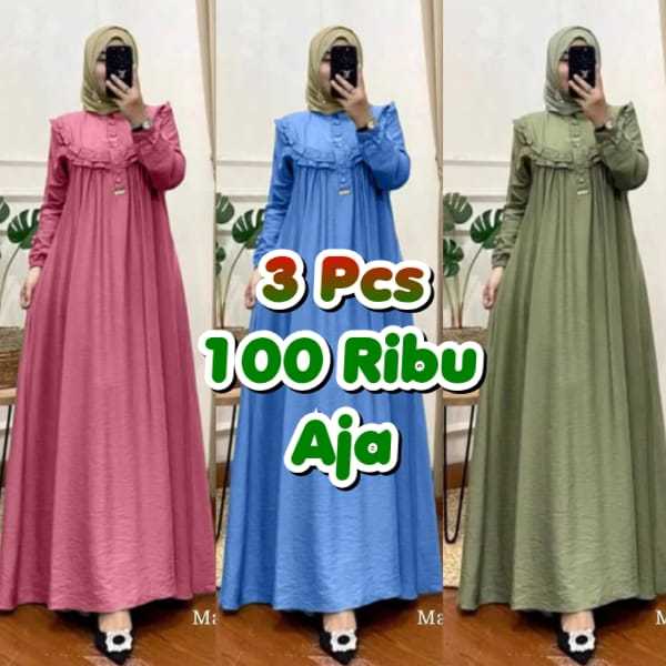 3 Pcs 100 Ribu Gamis Polos Crinkle Airflow Nyaman Dipakai Jumbo/Gamis Samira Model Terbaru