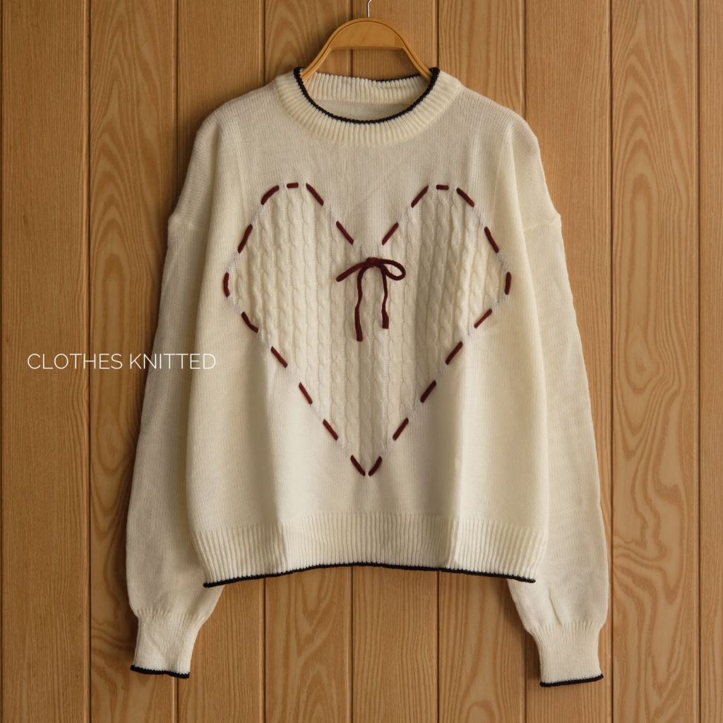 Sweater Rajut Cable Motif Tali Pita Love Wanita Korean stayle