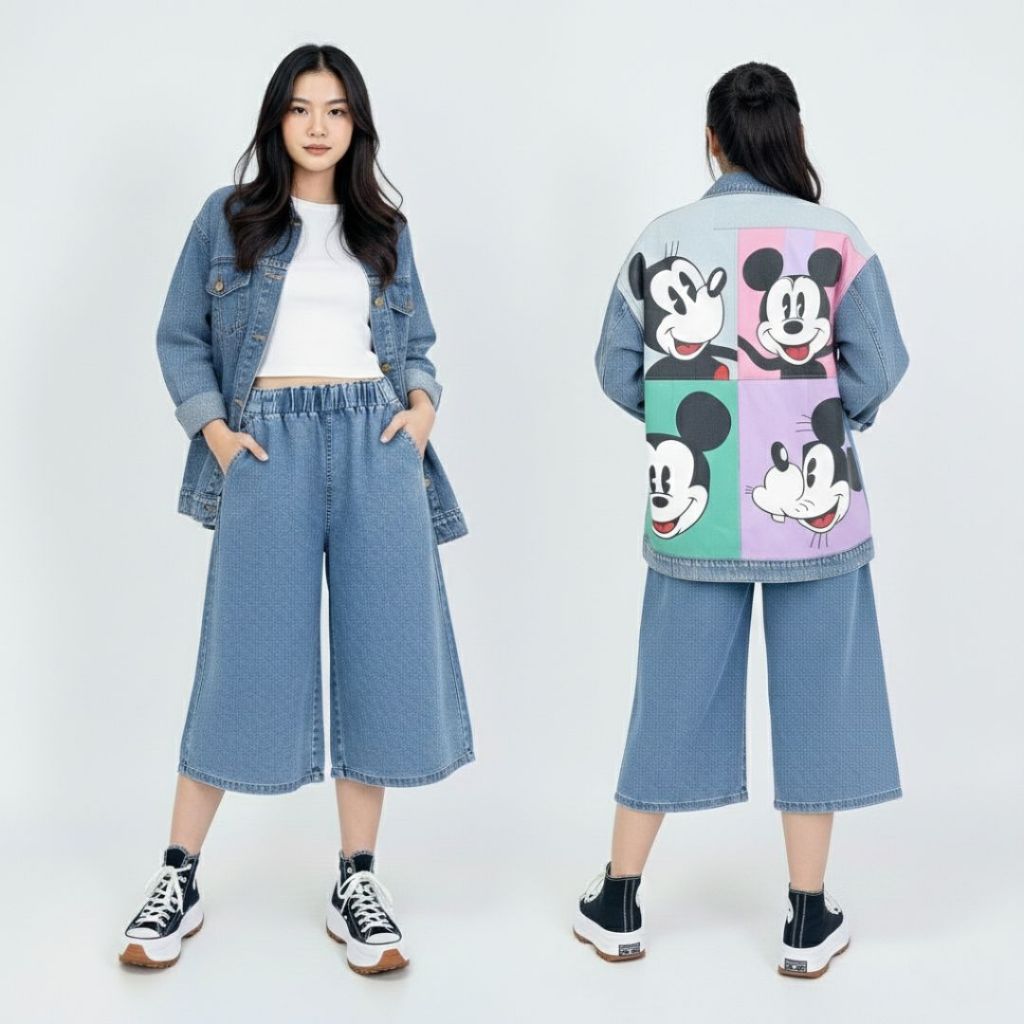 Jaket Oversize Jeans Woman LZS Jacket Denim Wanita Mickey Cartoon Oversized Outer Blazer