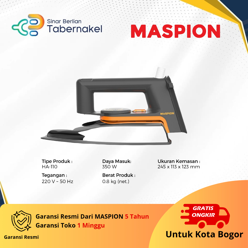 Setrika Listrik Maspion HA-110 – Lapisan Non-Stick, Sole Plate Cepat Panas, Pelindung Kabel, Double 