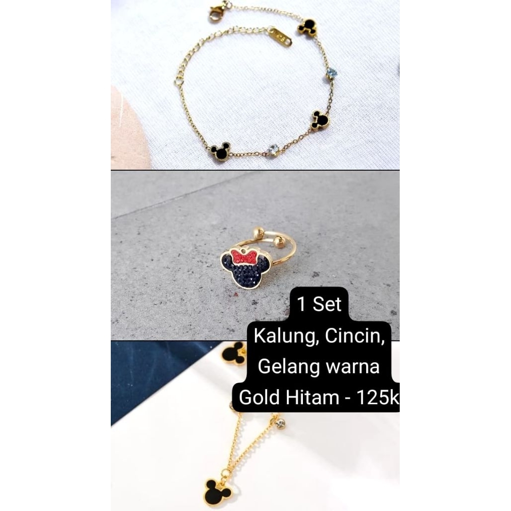 1 Set Gold Hitam Titanium Micky Kalung Cincin Gelang