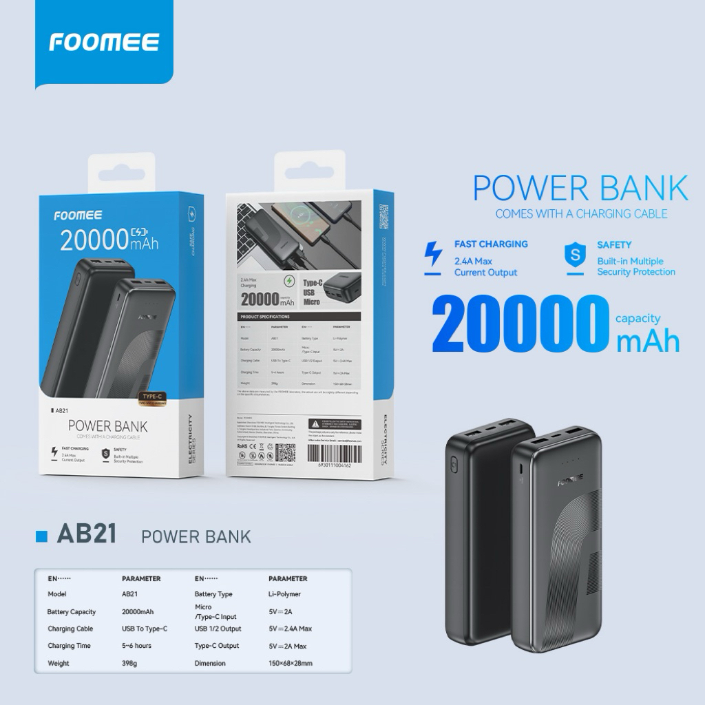 Powerbank Foomee AA11/MA13/AB11/AB15/AB21 Kapasitas Baterai  10000mAh-20000mAh output & input 5V=2.4