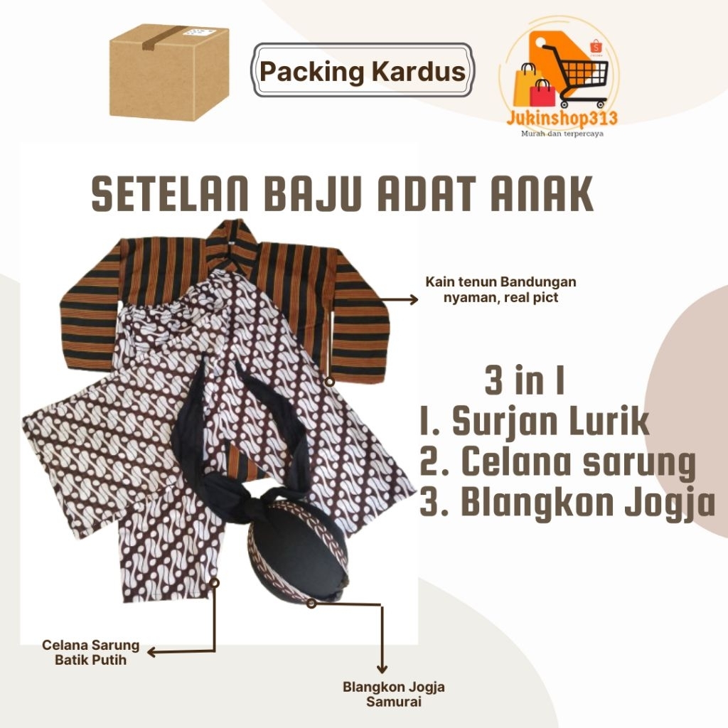 Baju Lurik Anak Laki-Laki/Setelan Surjan Anak ( Baju + Celana Eblek + Blangkon Jogja Samurai)