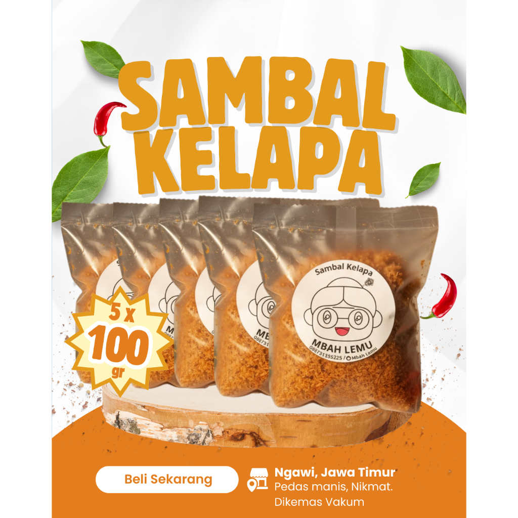 Mbah Lemu - Sambal Kelapa Serundeng Kelapa Krawu Urap Pedas Manis Gurih Enak 5 x 100 gr