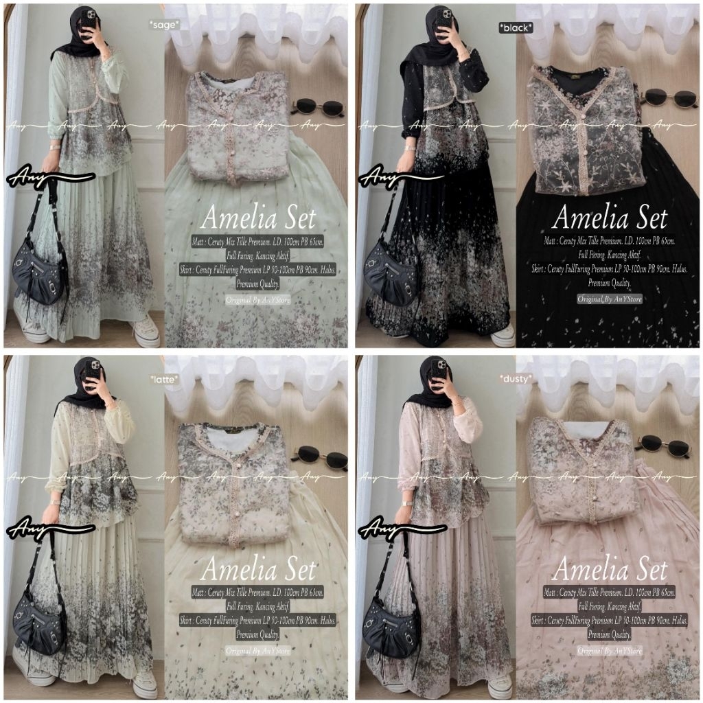 Amelia setelan kemeja rompi lepas dan rok plisket ceruty by A.N.Y tunik ceruty premium long tunic ko