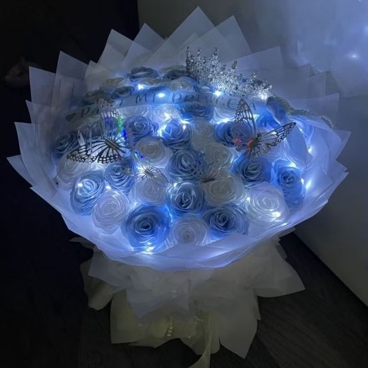 Buket satin FREE lampu buket satin biru muda - buket SATIN Jumbo - bunga lamaran bunga wisuda pita s