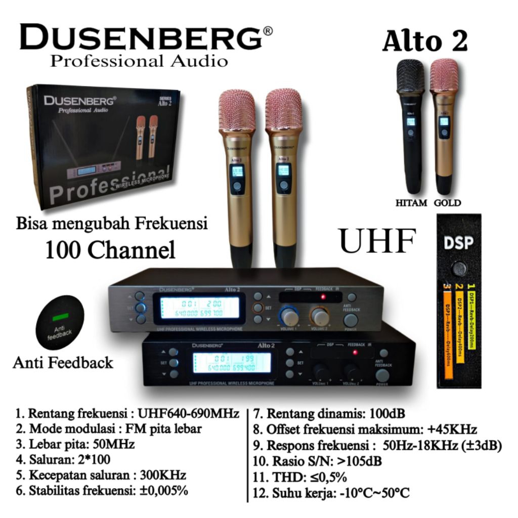 mic wireless dusenberg Alto 2 mik wireless 2 mik bisa rubah frekuensi hingga 100 channel  garansi re