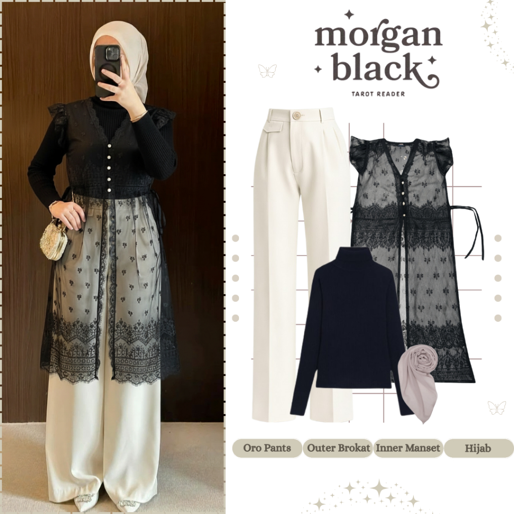 One set Kondangan Simple || Outer Brokat Hitam + Celana Oro + Hijab Segiempat || Setelan Kondangan L