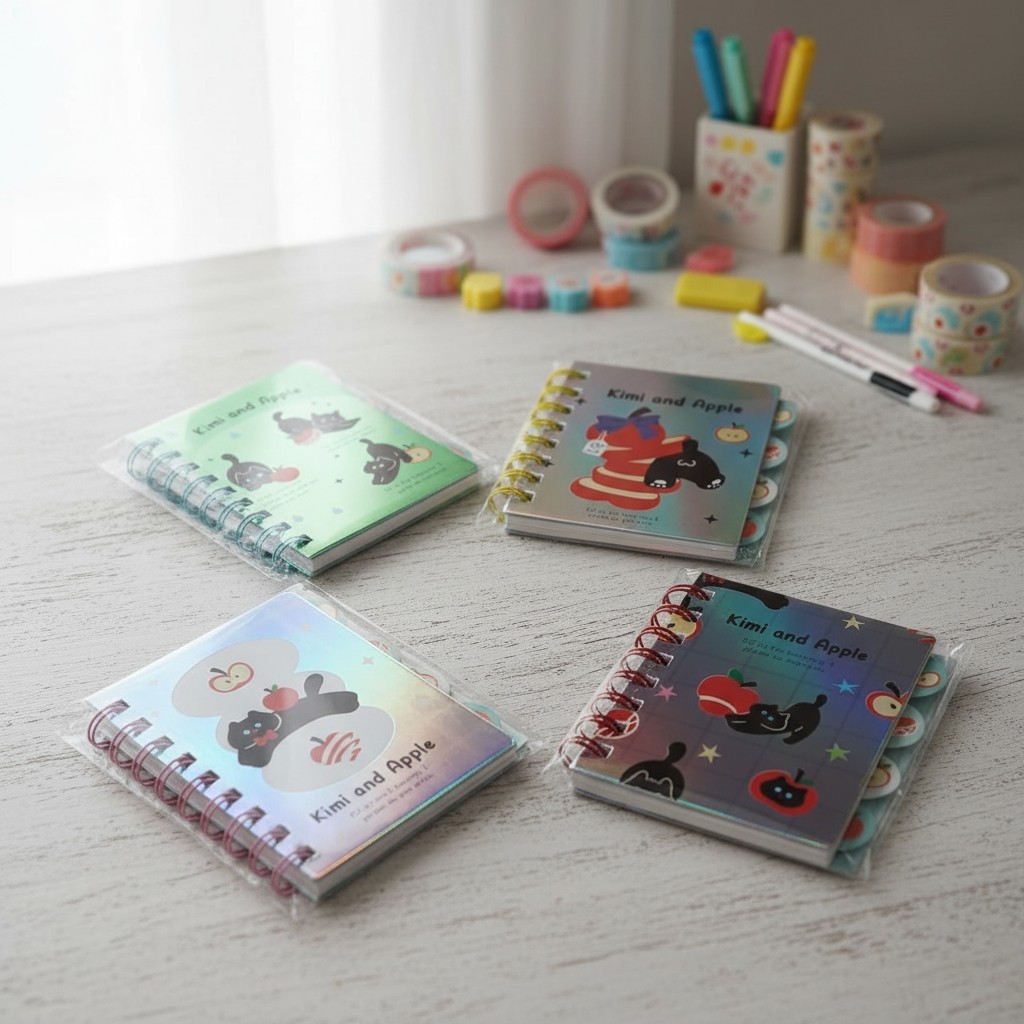 Mini Notebook Ring Kimi and Apple/ Notebook Ring Motif Kucing