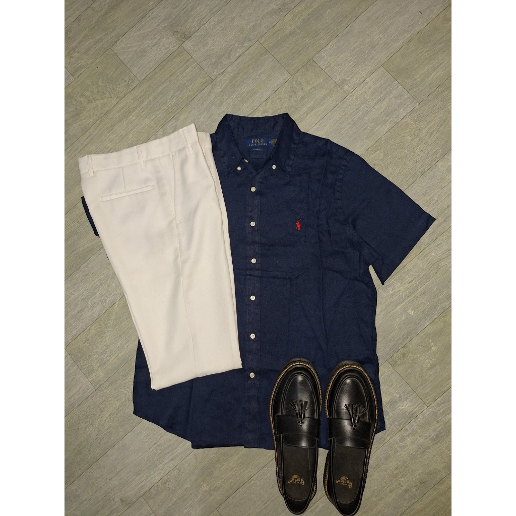 New Kemeja Navy Lengan Pendek Polo Ralph Lauren Pria Wanita Oxford Cotton Original