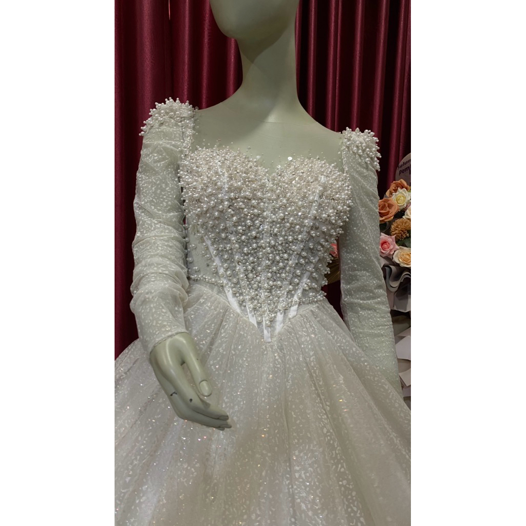 Gaun Pengantin Lengan panjang warna putih dada mutiara 94