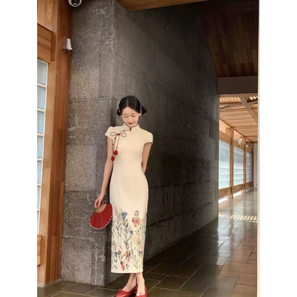 Dress Cheongsam Modern Wanita Motif Bunga