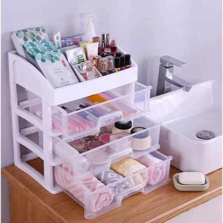 Rak kosmetik laci 3 susun transparan cantik minimalis tempat atk pensil aksesoris wanita