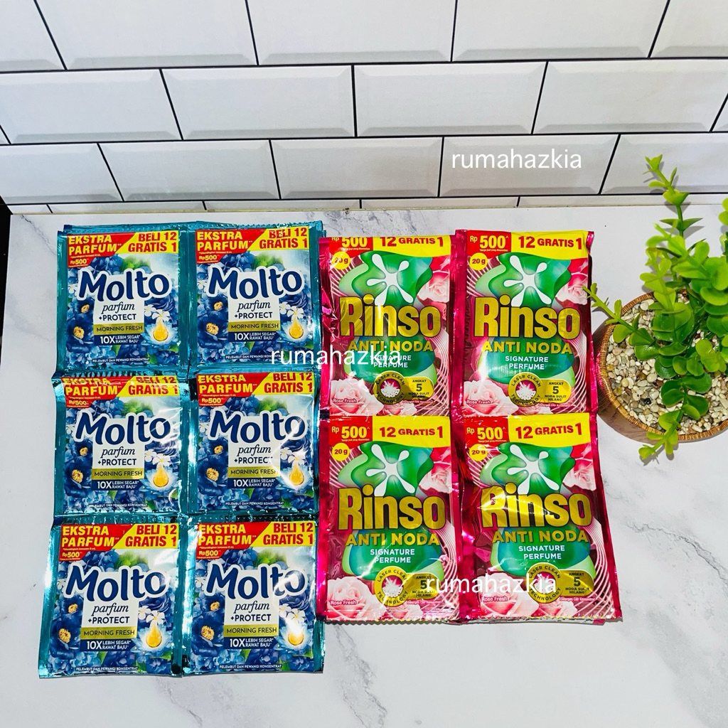 Paket Cuci Wangi Rinso Molto 52 pcs | Rinso Cair Kemasan Baru 20gr 26sachet+26sachet Molto 10ml Vari