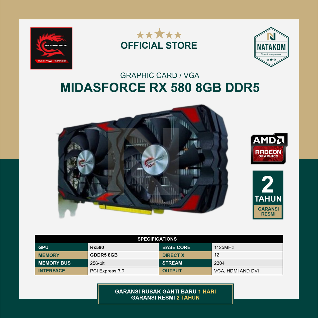 VGA AMD RADEON MIDASFORCE RX 580 8GB DDR5 256BIT