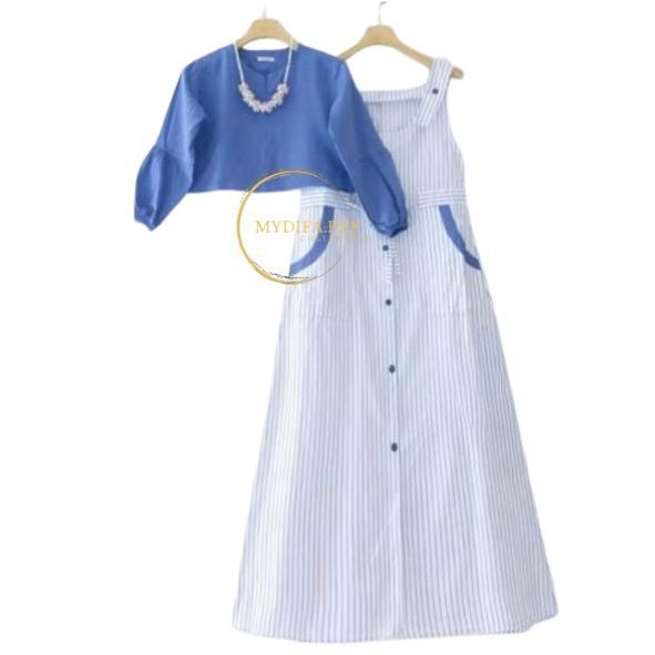 SETELAN DRESS ANAK PREMPUAN 5-13THN TERBARU 2025-Evelyn set kids crinckle combi katun salur kekinian