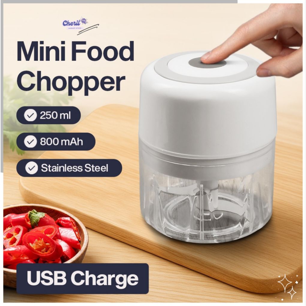 Cheril Food Chopper Mini Blender Penggiling Bumbu Electric USB Charge 23W 250ml - SR01 - White - ble