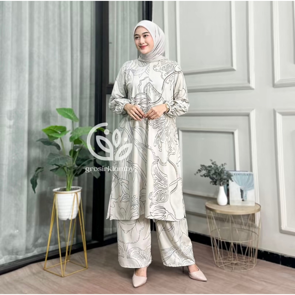 One Set Tunik Clara Rayon Batik Premium Jumbo Rempel Busui Atasan Bawahan Wanita Celana Kulot Panjan