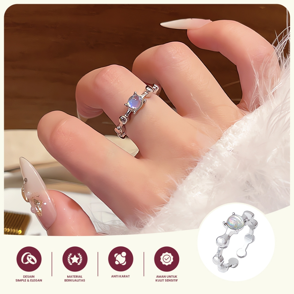 Cincin Wanita Silver Batu Opal Adjustable – Cincin Korea Elegan Minimalis Anti Karat