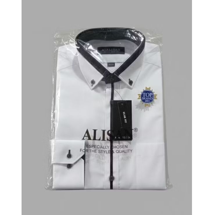Kemeja Alisan Putih Kombinasi Lis Hitam Lengan Panjang Slim Fit Kemeja Alisan Putih Hitam