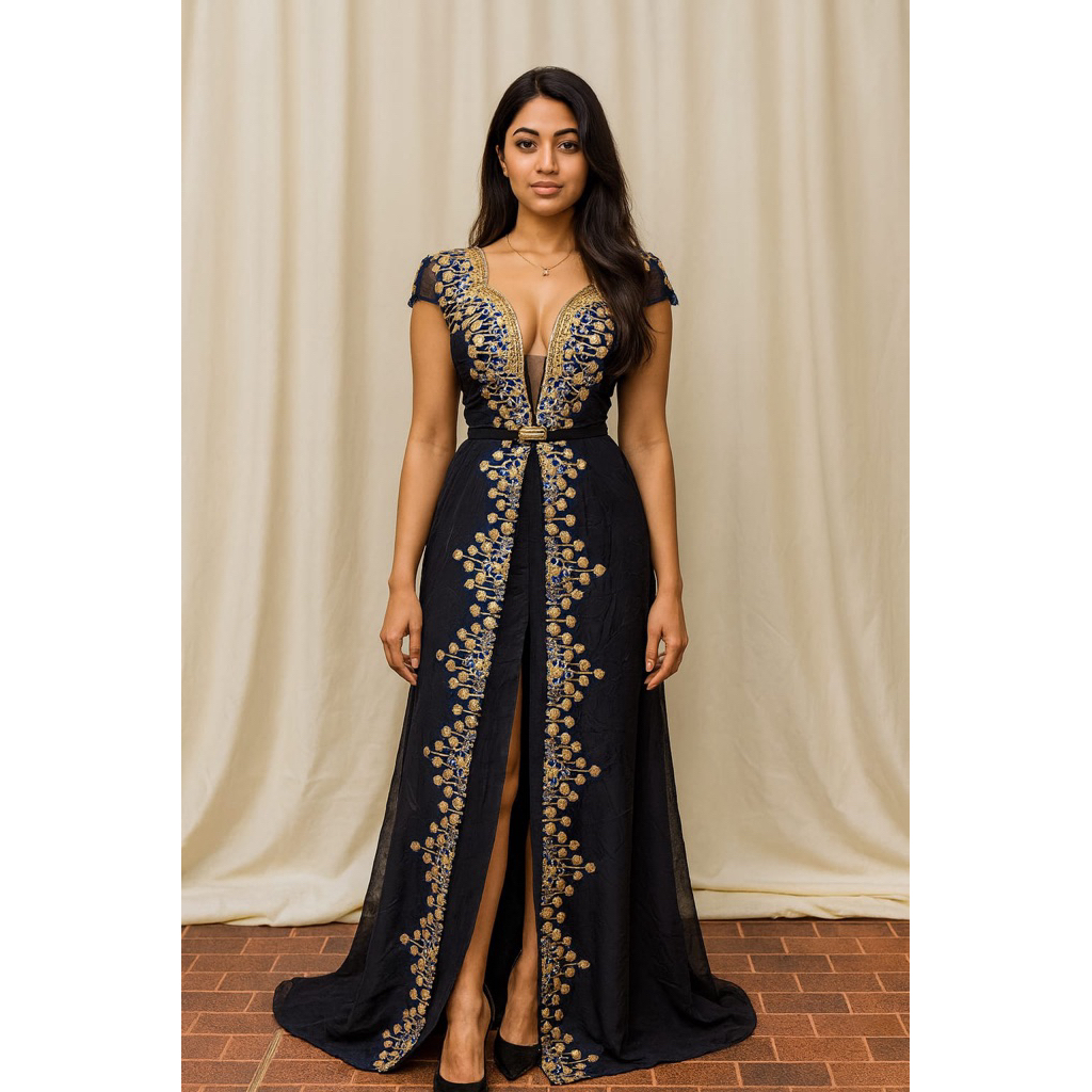 Gaun, Dress Pesta Mewah Sexy Navy Flower Gold