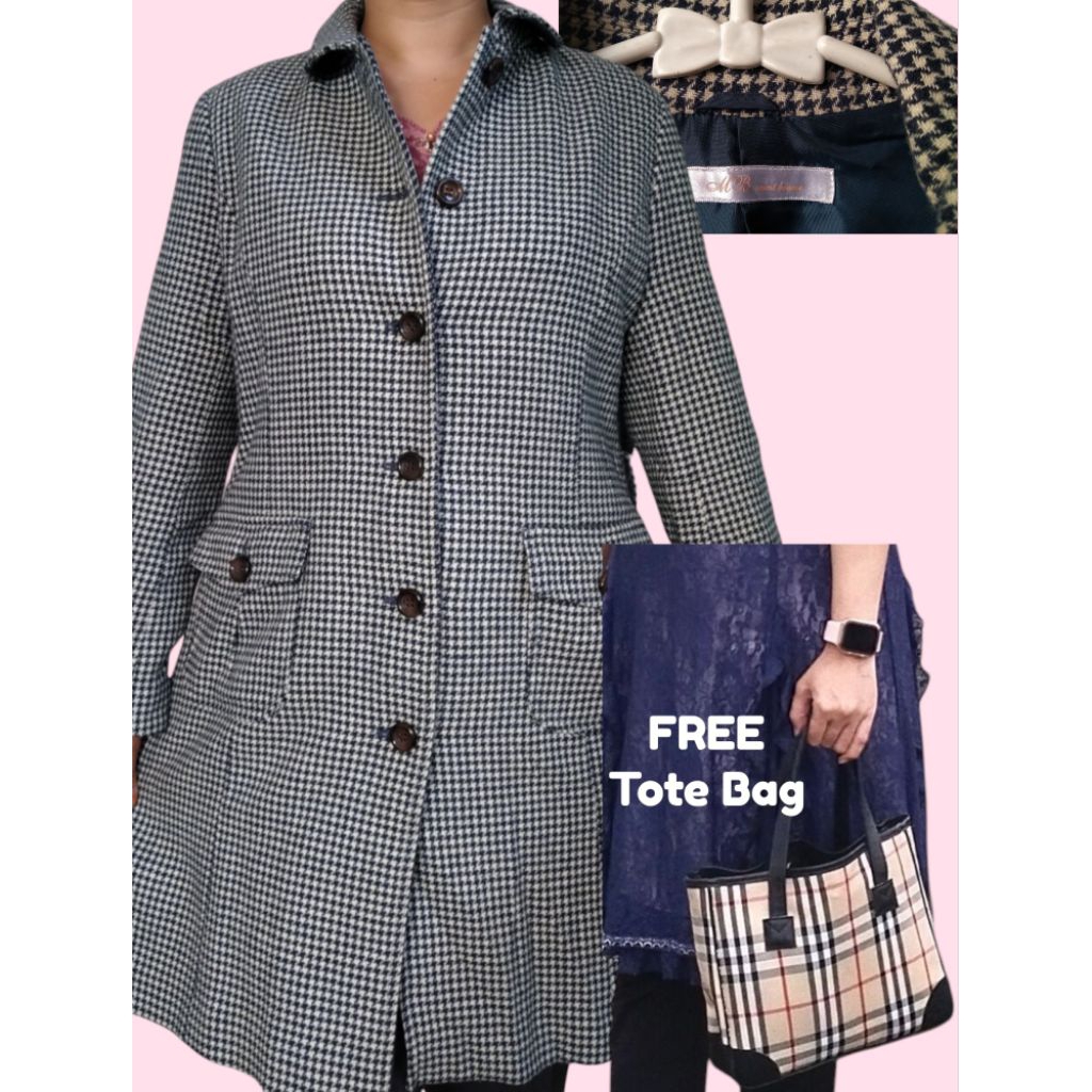 Coat Wool Tweed Houndstooth,Size Besar.FREE TOTE motif Burber