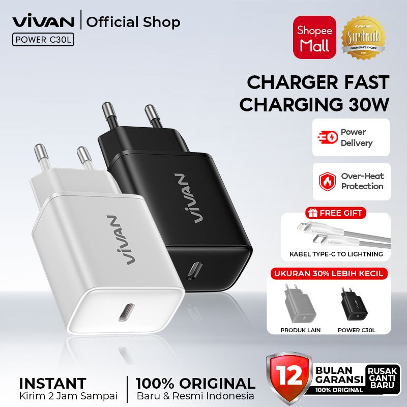 [Free Cable] VIVAN Adaptor Kepala Charger Fast Charging Type C Lightning 18W 20W 30W for iPhone Sams