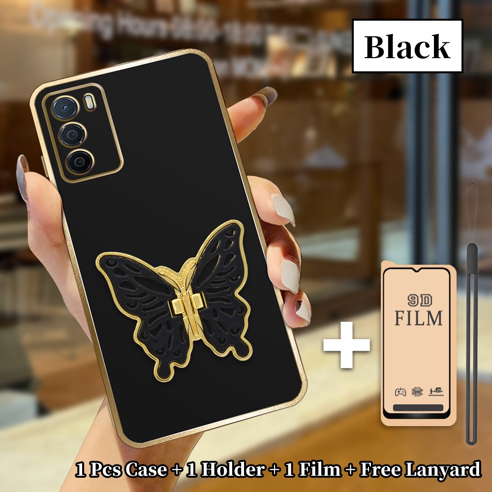 Case Cantik Untuk OPPO A16 A16s Full Set 3in1 Casing Aesthetic Softcase + Stand Kupu Tali + Film Ker