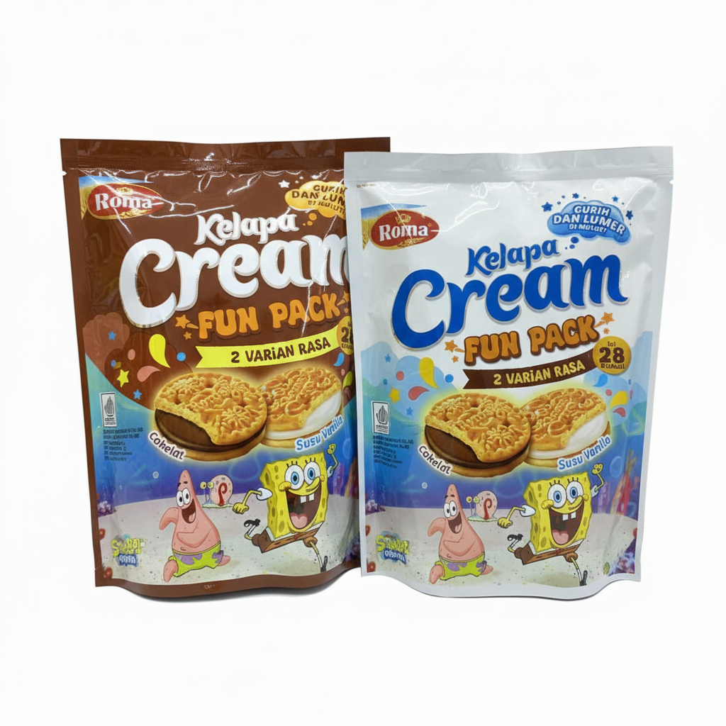 Roma Kelapa Cream Fun Pack Pouch 278g Isi 28 Biskuit 2 Varian Rasa Coklat & Susu Vanilla
