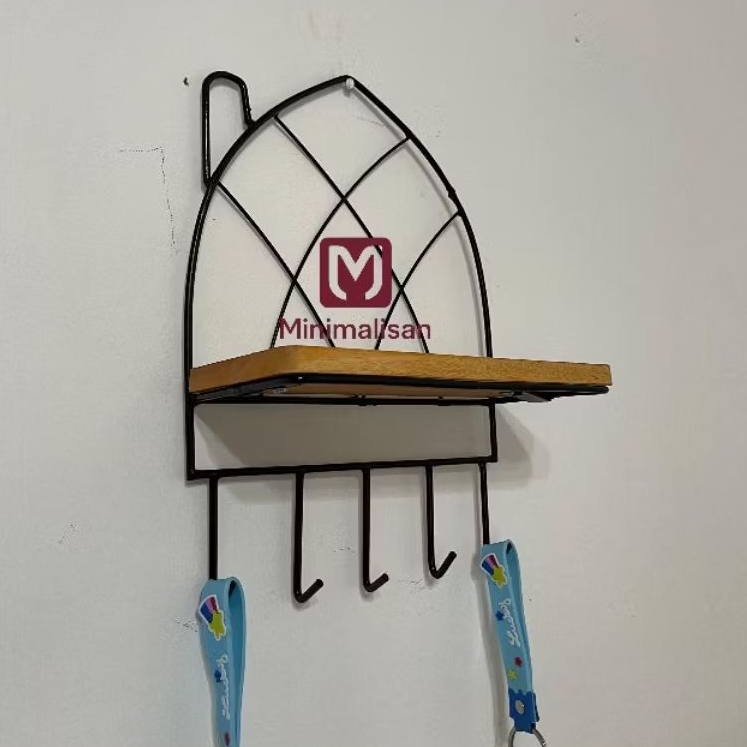 Rak Dinding Minimalis Besi Kayu + Gantungan | Rak Kunci Tas Topi | Dekorasi Dinding Estetik