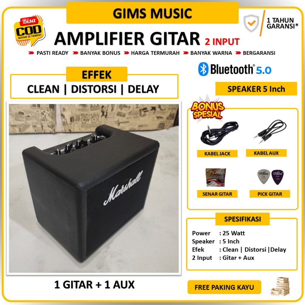 Ampli Gitar & Bass Bluetooth 2 Input 5 Inch Bonus Kabel Jack & Senar Gitar & Pick Gitar & Kabel Aux