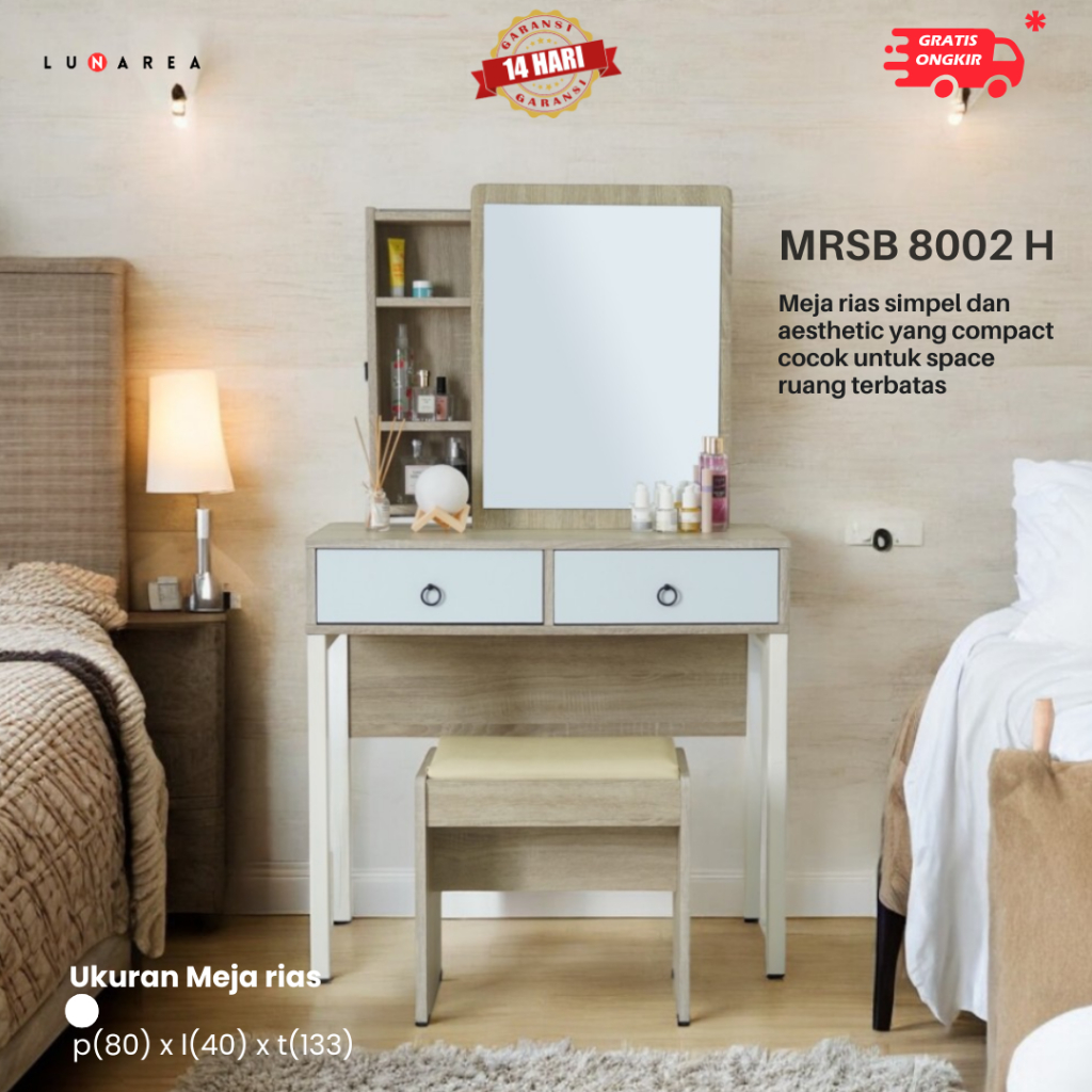 LUNAREA FURNITURE - MRSB 8002 H MEJA RIAS FREE BANGKU CERMIN PERSEGI