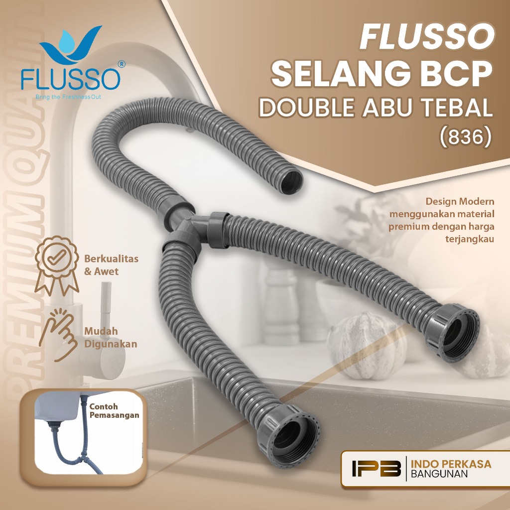 FLUSSO Selang BCP Abu Double Tebal | Selang Bak Cuci Piring Pembuangan Air Kotor 2 Lubang 1 1/2 | 83