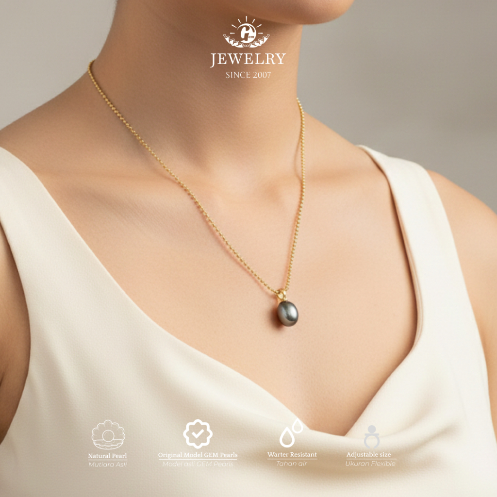 PER-KLG-G-006 | Kalung Mutiara Air Laut Asli Berwarna Hitam Luxury | Mutiara Oval yang Indah | Tampi