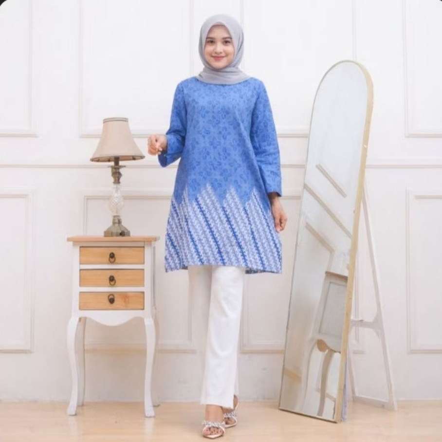 TUNIK BATIK WANITA WARNA BIRU DENIM LEHER BULAT
