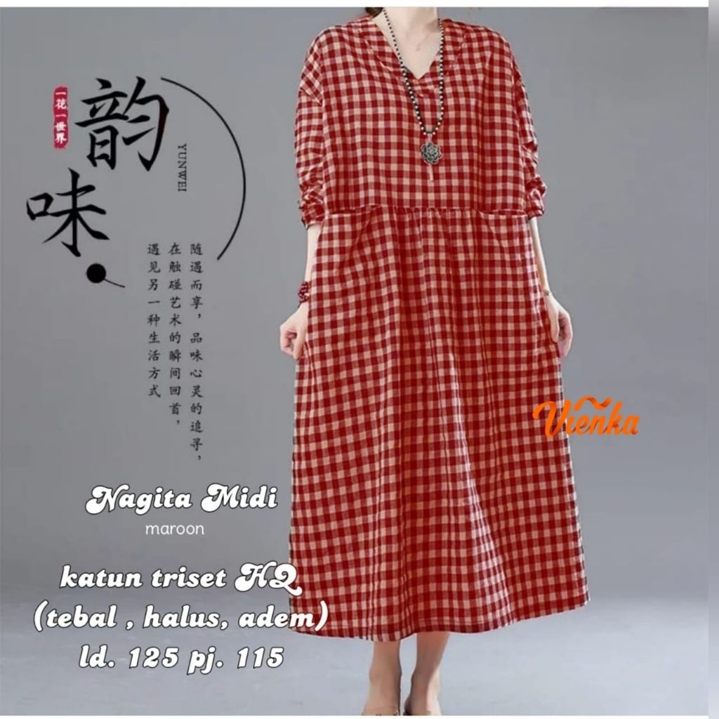 BAJU WANITA NAGITA MIDI DRESS JUMBO KATUN KOTAK-KOTAK BY VIENKA