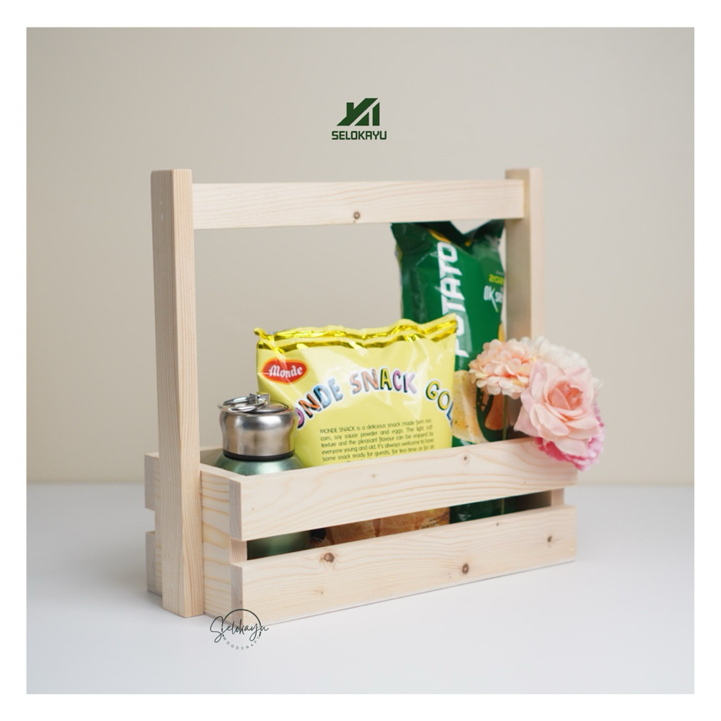 Keranjang Kayu Piknik/Rantang Kayu/Keranjang Buah Sayur Kayu Serbaguna/Box Hampers Parcel Kayu/Box K