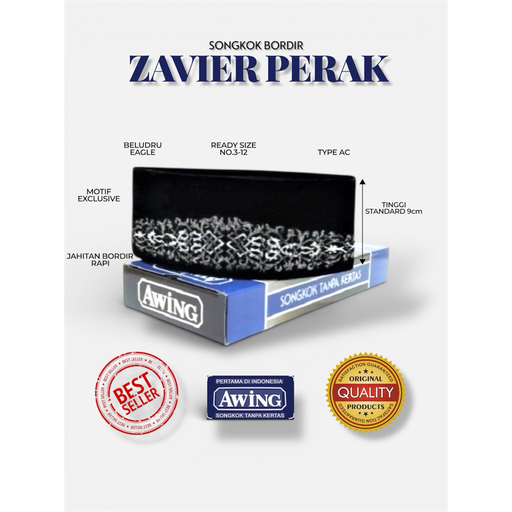 AWING Peci Motif Bordir Zavier Perak Songkok Awing Asli