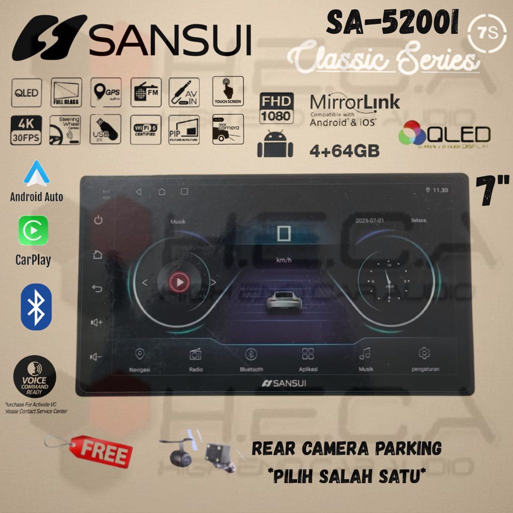 SANSUI Classic Series 7” inch 4/64 GB Android Head Unit Double Din Tape Mobil + Kamera Mundur