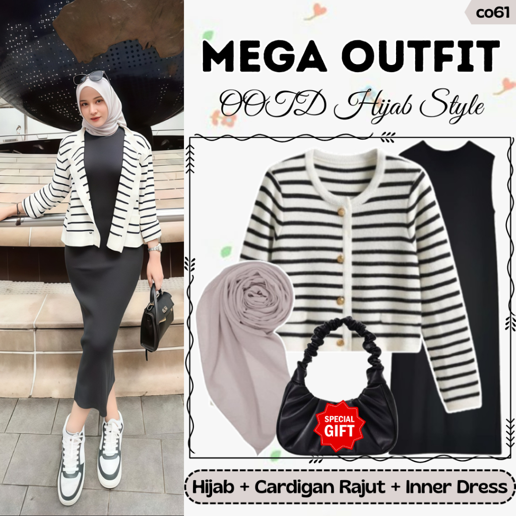 One Set 3in1 Remaja Kekinian | Inner Dress Jersey Hitam, Cardigan Rajut Putih, Hijab Bella Square Iv