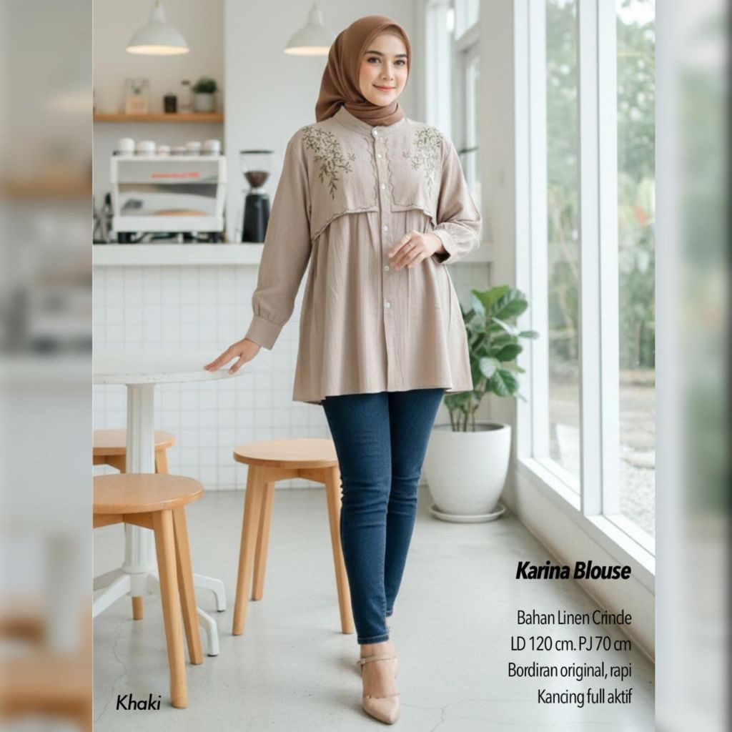 KARINA BLOUSE BORDIR / BLOUSE LINEN CRINKLE BORDIR / BLOUSE WANITA BORDIR