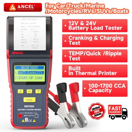 ANCEL BST500 12V 24V Alat Analisa Uji Aki Mobil Alat Diagnostik Printer Bawaan Tes Pengisian Daya / 