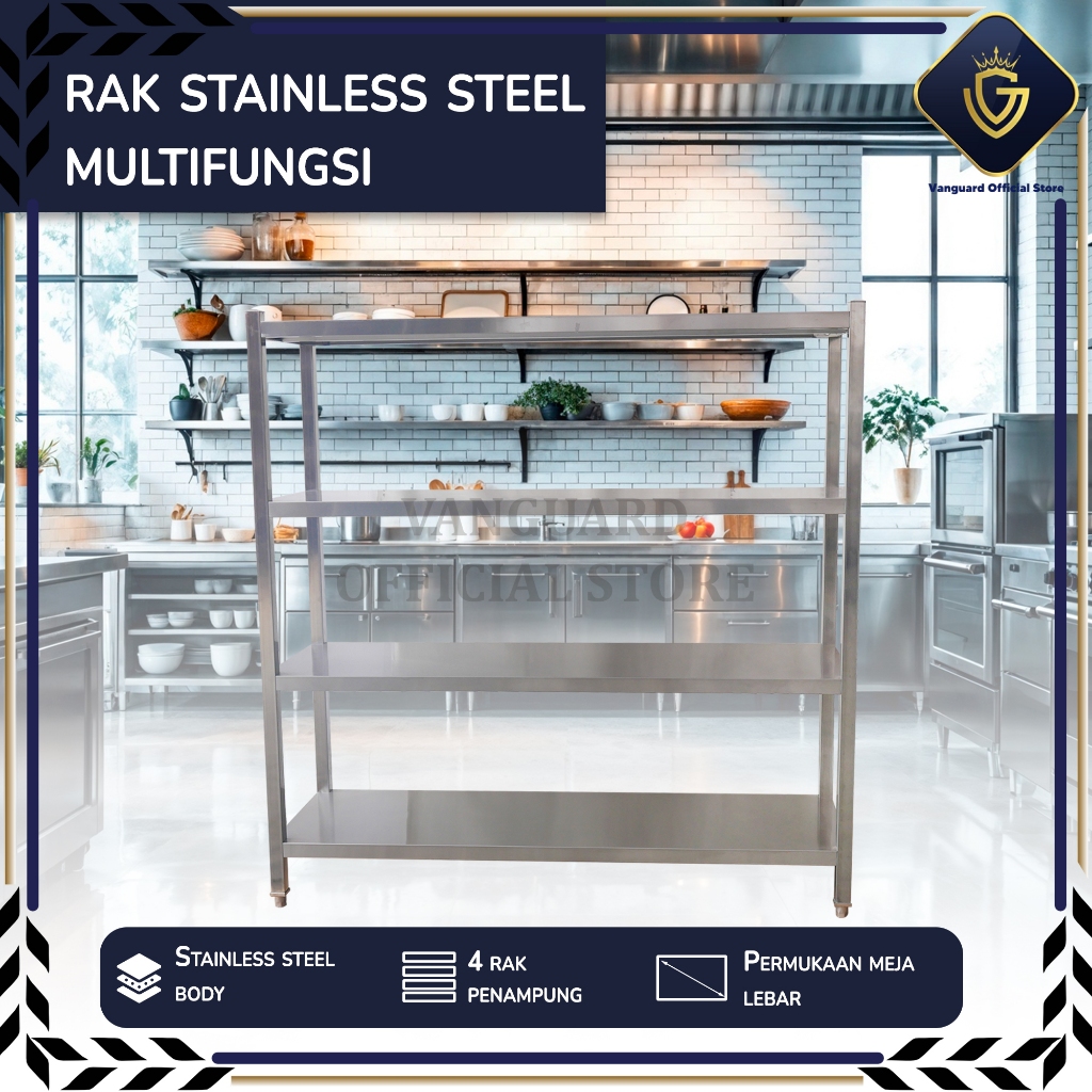 Rak Stainless Premium Model Plat Utuh 4 Tiers INCLUDE PACKING KAYU | Rak Alat Masak Restoran Caterin