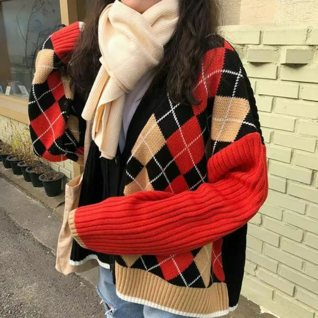 #38 Cardigan Rajut Motif Ketupat | Argyle Oversize