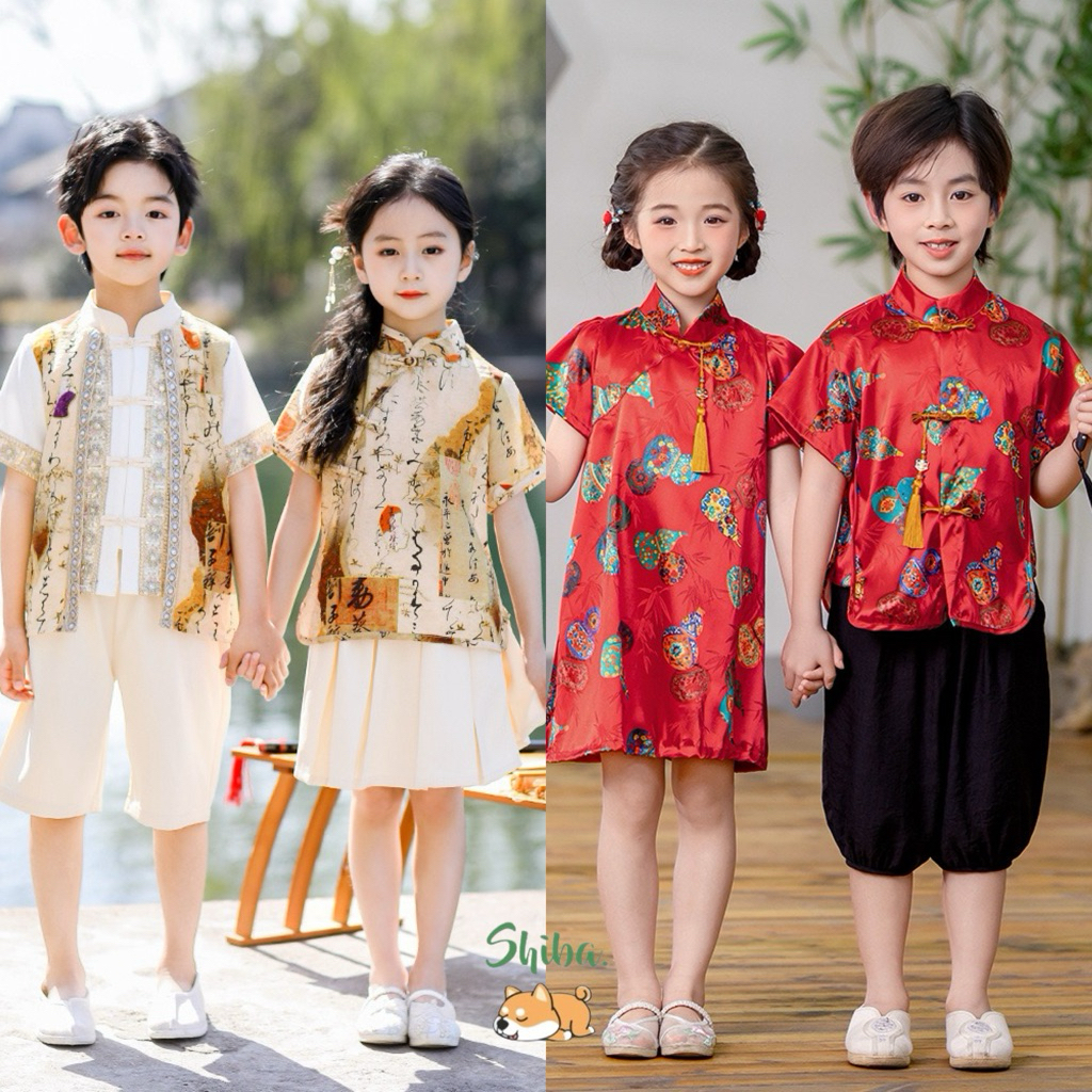 (2-12 TAHUN) Dress Cheongsam Anak Perempuan Import | Setelan Baju Imlek Anak Laki Laki | Setelan Kem