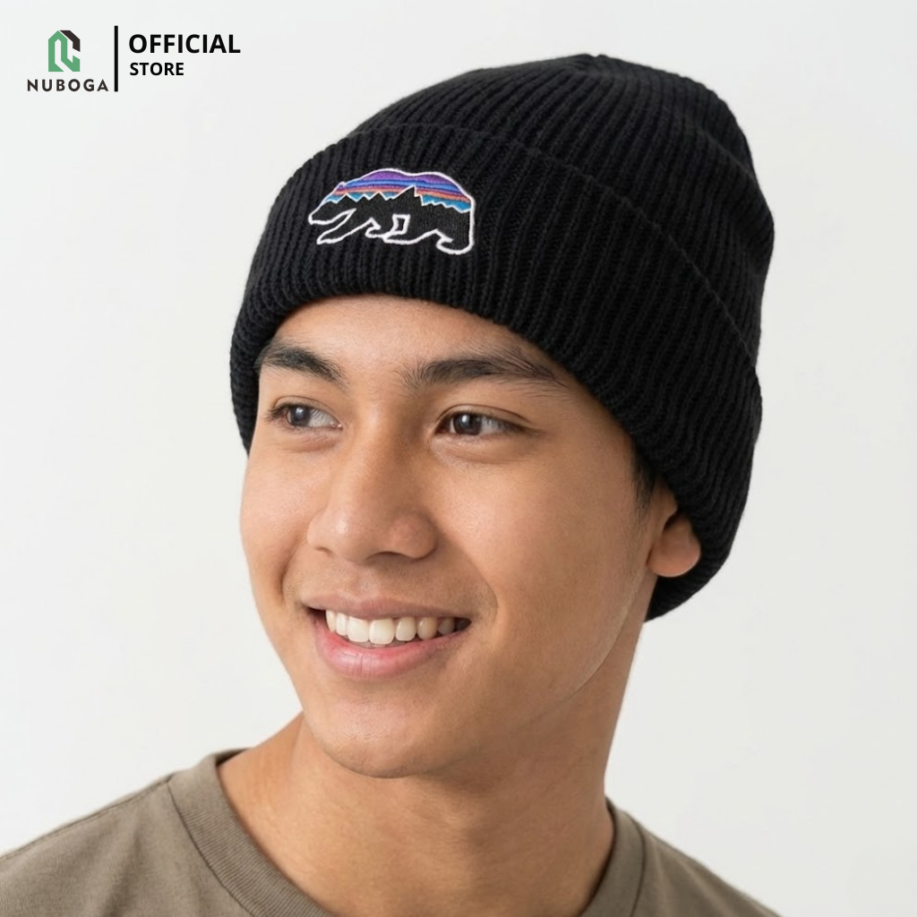 PATAGONIA BEAR BEANIE HAT KNIT BORDIR KUPLUK RAJUT DEWASA PRIA/WANITA PREMIUM TEBAL BLACK/HITAM