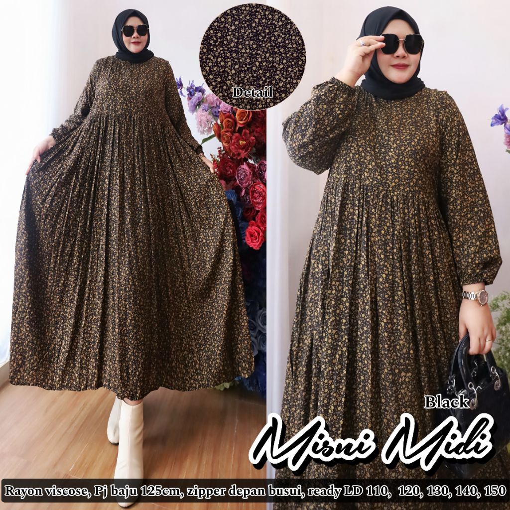 [PROMO1JAM KLIK JUDUL] Misni Midi Dress Rayon Jumbo - LD 110 120 130 140 150 PB 125 Big Size XL 2XL 