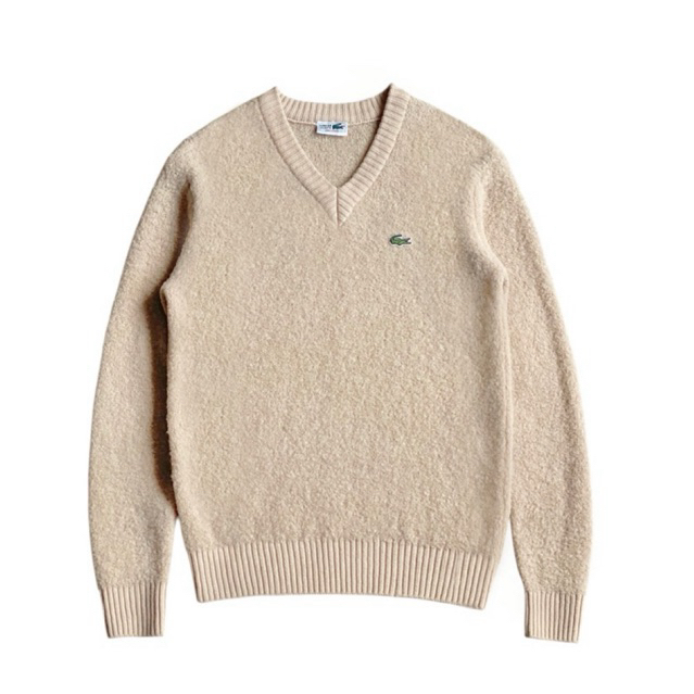 Lacoste body fit textured wool blend v neck sweater tan knit knitwear