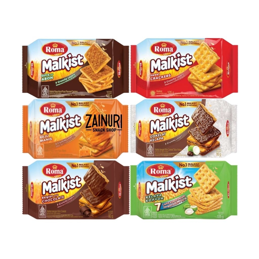 Roma Malkist Aneka Rasa 95gr–105gr | Abon, Crackers, Keju Manis, Cokelat Kelapa, Chocolate, Kelapa K