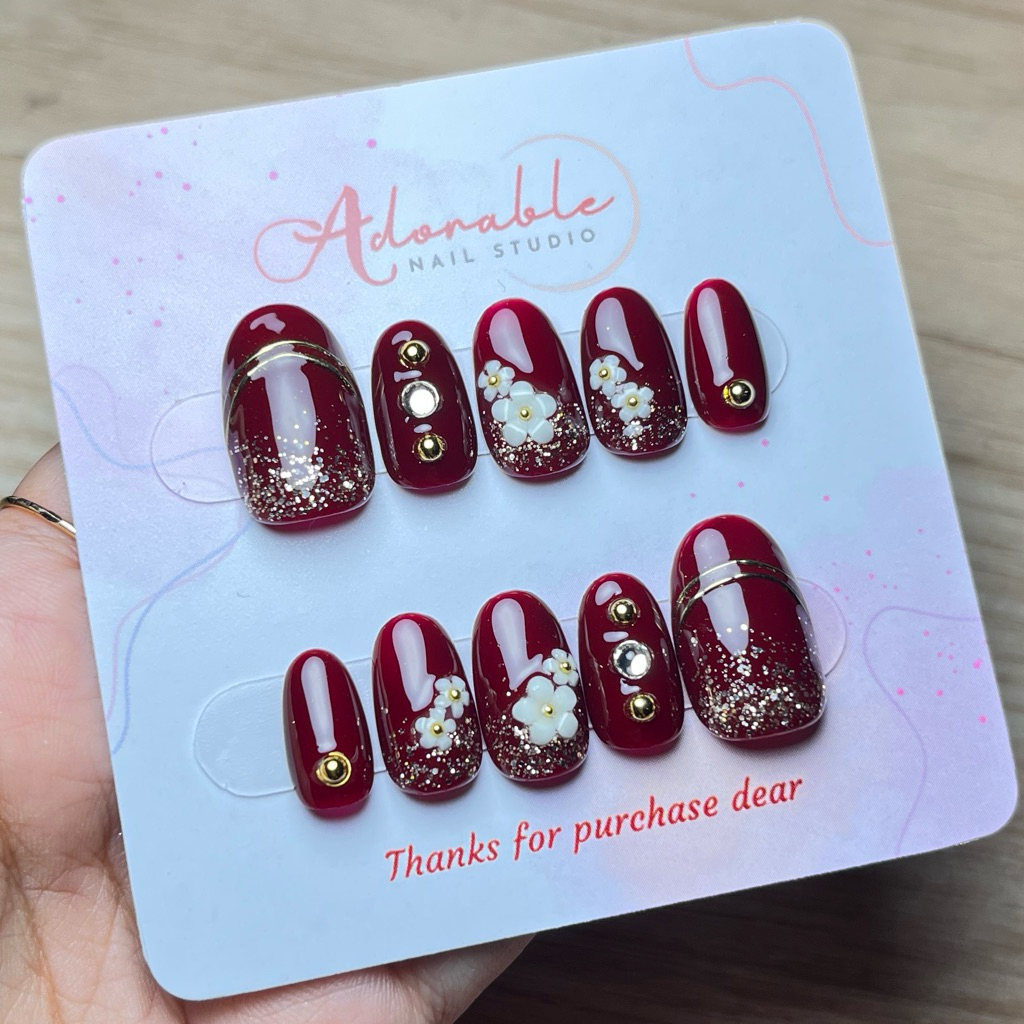 007 Kuku palsu | Fake nails | Press on nails | Nail art wedding merah maroon gold 3D chrome (almond)